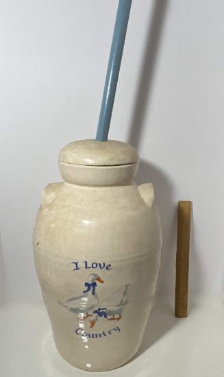 Decorative Ceramic Faux Butter Churn with Ducks “I Love Country”