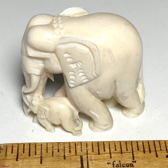 Ornately Carved Faux Ivory Elephant with Baby Figurine