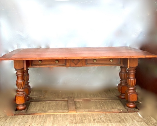 Beautiful Extendable Unique Heavy Drop Leaf Table with Hinged Leaves That Fold on Top & 2 Drawers