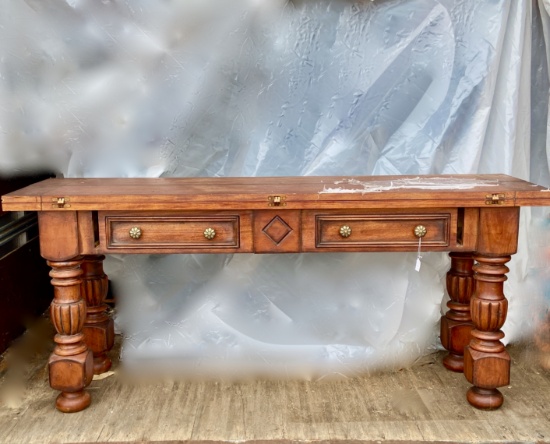 Beautiful Extendable Unique Heavy Drop Leaf Table with Hinged Leaves That Fold on Top & 2 Drawers