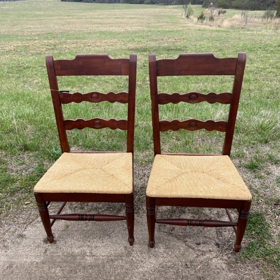 Pair of Beautiful Wide Bottom Wooden Ladder Back Chairs with Rush Seats