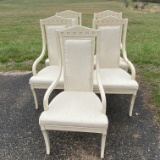 Set of 5 Ivory Heavy Wooden Dining Chairs with Pointed Backs, Arms & Upholstered Seats & Backs