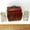 Oriental Colonial Nippon Tiny Lacquer Box with 2 Glass Perfume Bottles & Stoppers