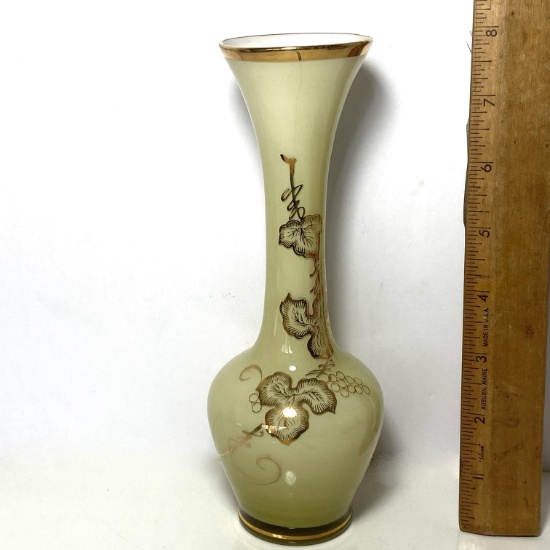 Beautiful Lemon Glass Bud Vase with Gilt Leaf Design & White Interior