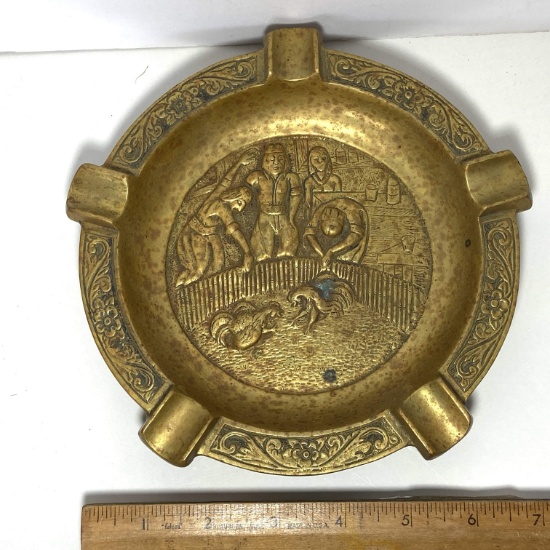 Very Heavy Brass Embossed Ashtray with Cock Fighting Scene