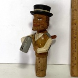 Vintage ANRI Hand Carved Folk-Art Bottle Stopper of Man Drinking with Mug - Collectible!