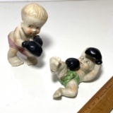 Adorable Pair of Porcelain Little Boys with Boxing Gloves Made in Japan