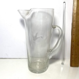 Etched Glass Martini Pitcher with Glass Stirring Stick
