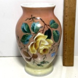 Pretty Vintage Yellow Rose Hand Painted Vase