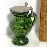 Miniature Vintage Pottery Pitcher with Metal Lid