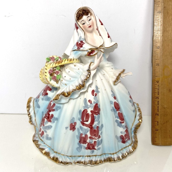 Pretty Lefton China Victorian Figurine Holding Flower Basket with Gilt Accent