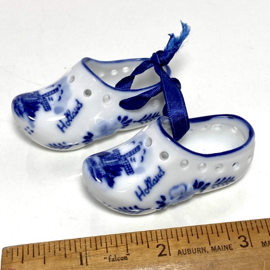 Blue & White Porcelain Shoes with Holland Windmill Scene