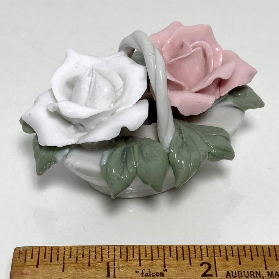 Pretty Porcelain White & Pink Roses in Basket Figurine