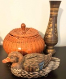 Vintage Ceramic Duck Bank, Vase, and Basket