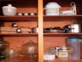 Cabinet Lot, Glass Bakeware, Cake Stand, and More