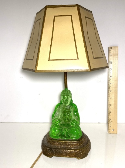 Antique Vaseline Green Glass Buddha Lamp with Ornate Brass Base
