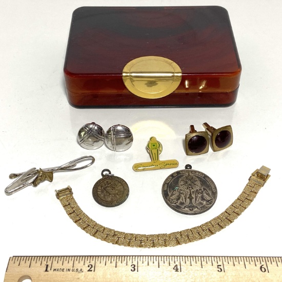 Small Men’s Jewelry Box with Misc Cufflinks, Tie Clip, Bracelet & More