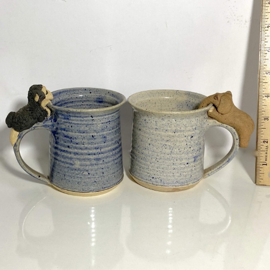 Pair of Adorable Pottery Animal Mugs Signed on the Bottom