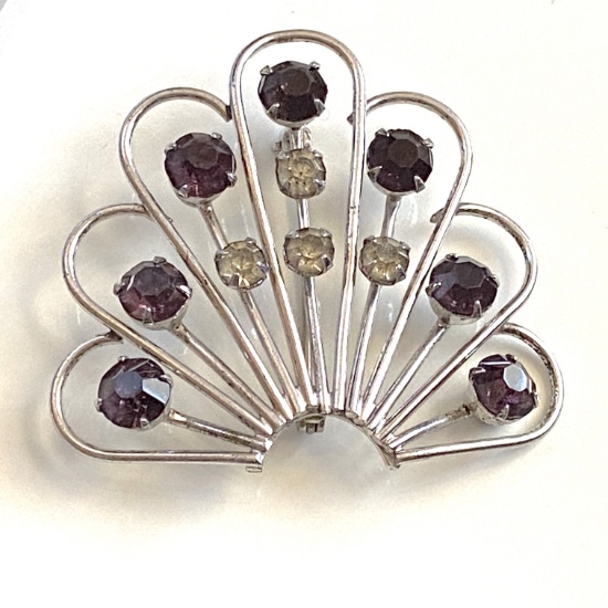 Sterling Silver Brooch with Clear & Purple Stones by French