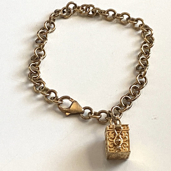 Gold Over Sterling Silver Prayer Box Charm on Gold Tone Charm Bracelet