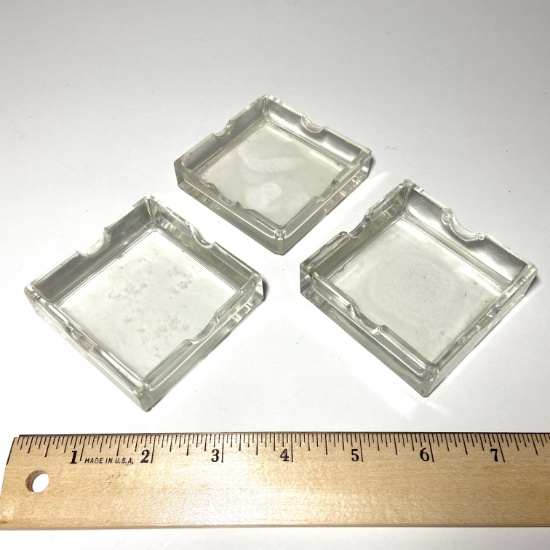 Set of 3 Vintage Square Glass Personal Sized Ashtrays