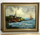 Vintage Original Oil Painting of Ships & Shoreline