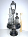 Beautiful Antique Silver Plated Cruet Caddy with 5 Glass Bottles