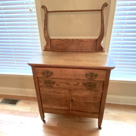 Antique 2 Drawer Oak Washstand on Casters