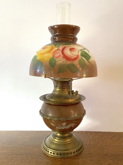 Pretty Antique B&H Brass Oil Lamp with Porcelain Shade