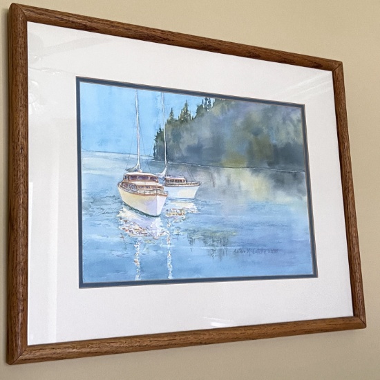 Nice Framed & Matted Watercolor Boat Scene Signed Esther McLatchy
