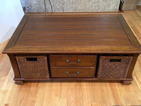 Large Wooden Coffee Table with 2 Side Baskets & Center Cabinet