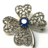 Vintage Silver Tone Flower Pin with Blue Gem Center
