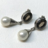 Pair of Sterling Silver Pierced Drop Pearl Earrings with Brown Stone Center