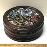 Vintage Dark Wood Jerry Box with Floral Tapestry Design On Top