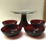 Vintage Ruby Red Based Cake Plate/Stand with 4 Small Red Dessert Bowls