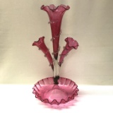 Antique Handblown Tall Cranberry Venetian Glass Epergne From Italy
