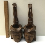 Unique Pair of Hand Carved Wooden Mortars with Leg Handles