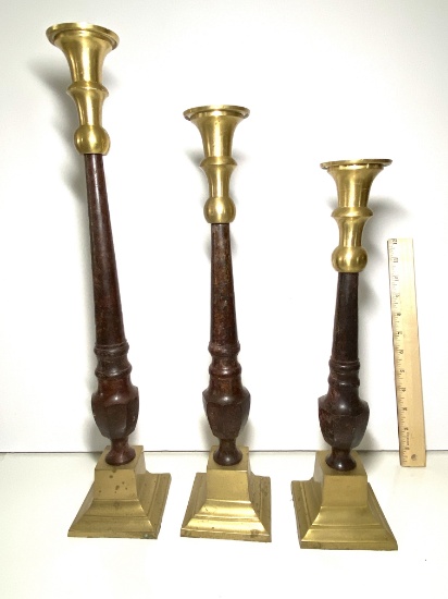 Set of 3 Tall Metal Graduated Candlesticks with Brass Accent