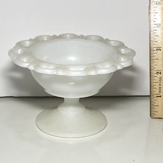 Small Milk Glass Pedestal Dish with Heart Laced Edge