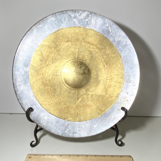 Great Large Gold & Silver Glass Platter on Iron Stand