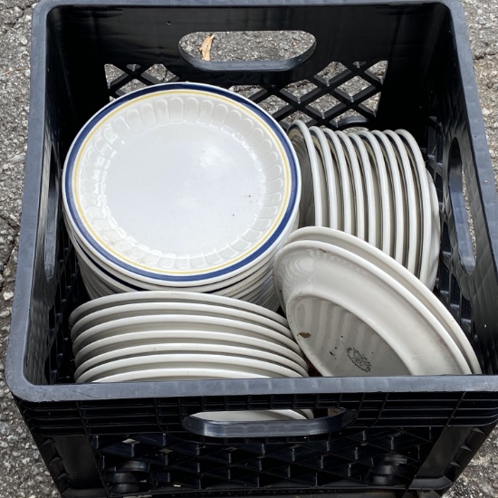 Crate of 8” Plates by Anchor Hocking