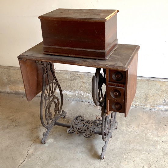 Antique Cast Iron & Wooden Sewing Machine Case