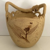 Unique Pottery Vessel with Pressed Flower Front & Back