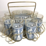 Awesome 10 pc Grecian Jasperware Jeanette Glass Wedgwood Bar Tumblers, Ice Bucket & Caddy