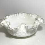 Signed Fenton Large Bowl with Ruffled Edge & Embossed Design