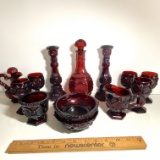 Awesome 12 pc Avon Cape Cod Ruby Red Serving Pieces & Candlesticks