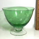 Pretty Green Glass Pedestal Bowl with Snowflakes