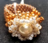 Handcrafted Copper Beaded Ring with Flower Top & Pearl Center