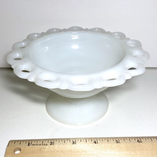 Vintage Milk Glass Pedestal Bowl with Laced Edges
