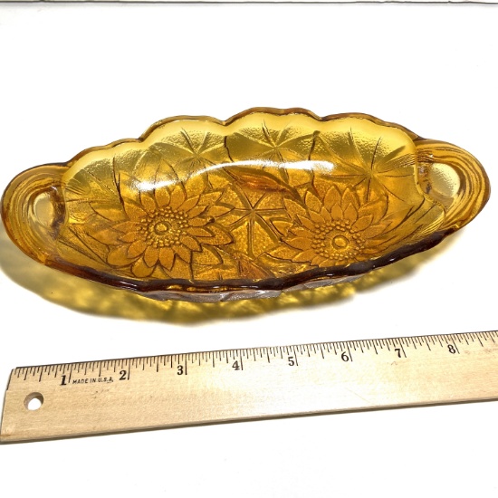 Amber Glass Oblong Double Handled Floral Embossed Dish